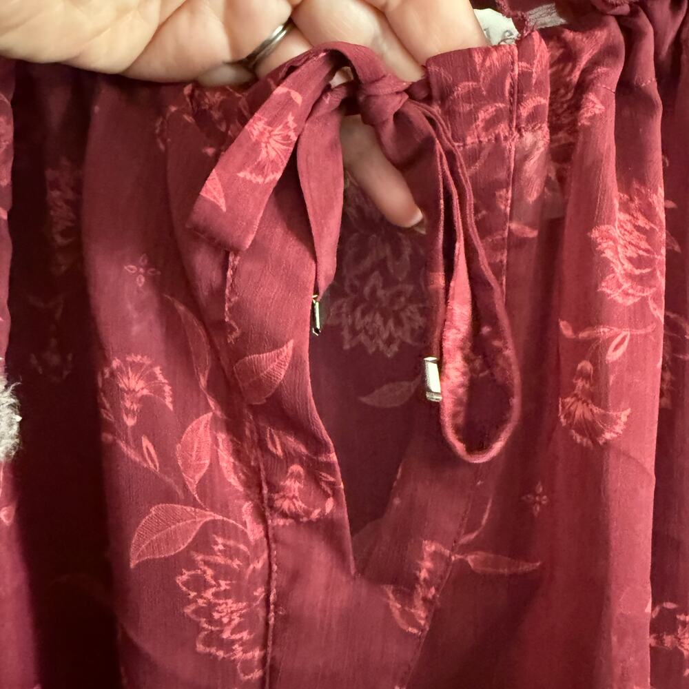 STEELE Anthropologie Laurelyn Sheer Floral Tie Neck Boho Blouse Burgundy Large - Picture 6 of 8